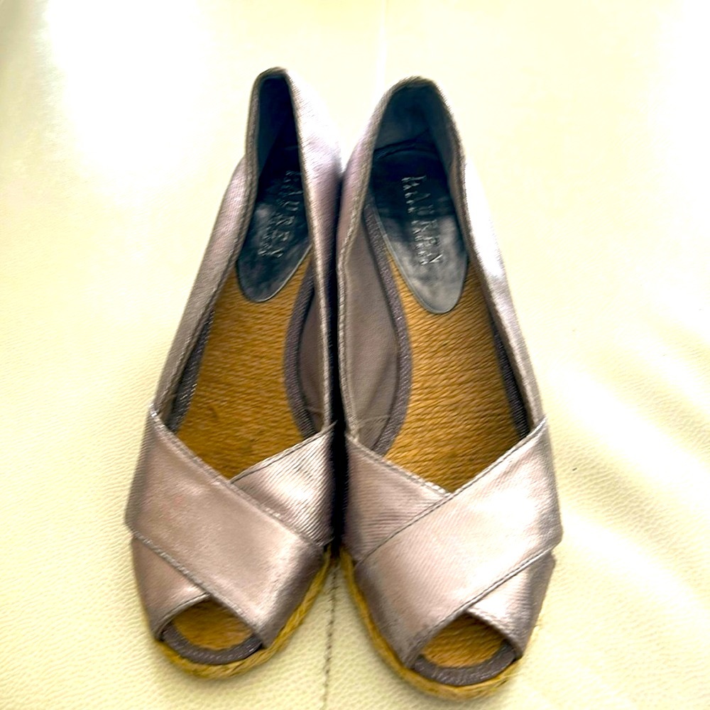 Ralph Lauren Cecilia Metallic Peep Toe Espadrille 7.5 Wedges Stacked Heel Preppy